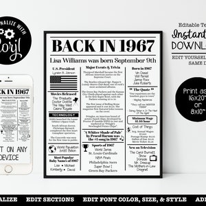 EDITABLE 1967 Back in 1967 Birthday Poster Fun Facts 1967 Anniversary ...