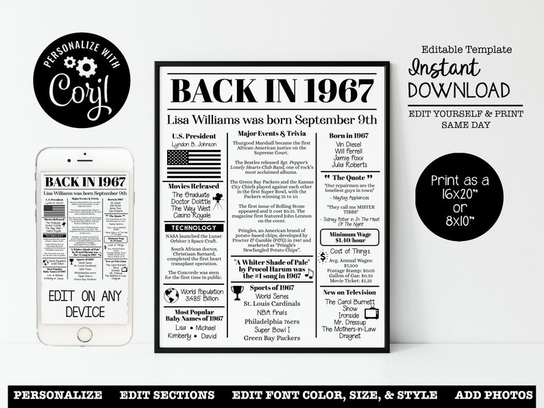 EDITABLE 1967 Back in 1967 Birthday Poster Fun Facts - Etsy