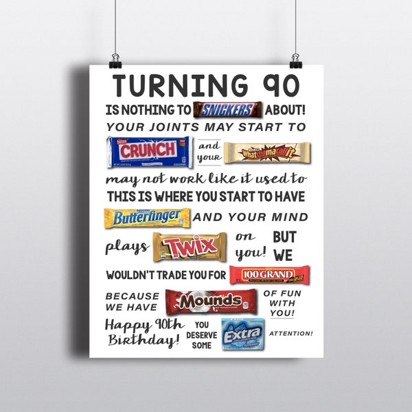 Poster di caramelle STAMPABILE per il 90° compleanno / Segno di caramelle di compleanno / Idee per il 90° compleanno / Candygram / Regalo di compleanno divertente / Digitale fai da te