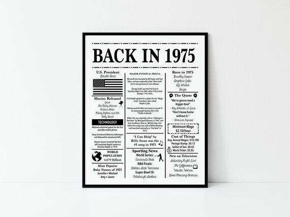 1975 Back in 1975 Black and White Poster Birthday 1975 Facts | Etsy