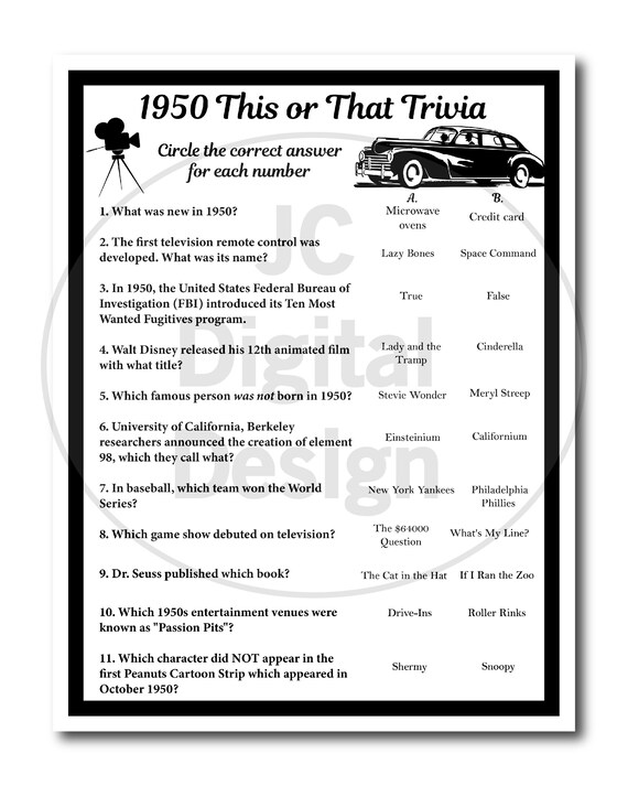 1950 Birthday Trivia Game 1950 Birthday Parties Instant Etsy