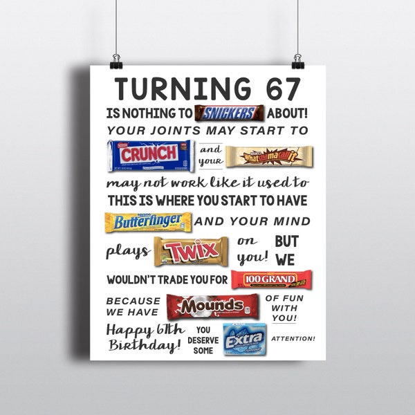 67th Birthday PRINTABLE Candy Poster | Birthday Candy Sign | 67th Birthday Ideas | Candygram | Funny Birthday Gift | DIY Digital