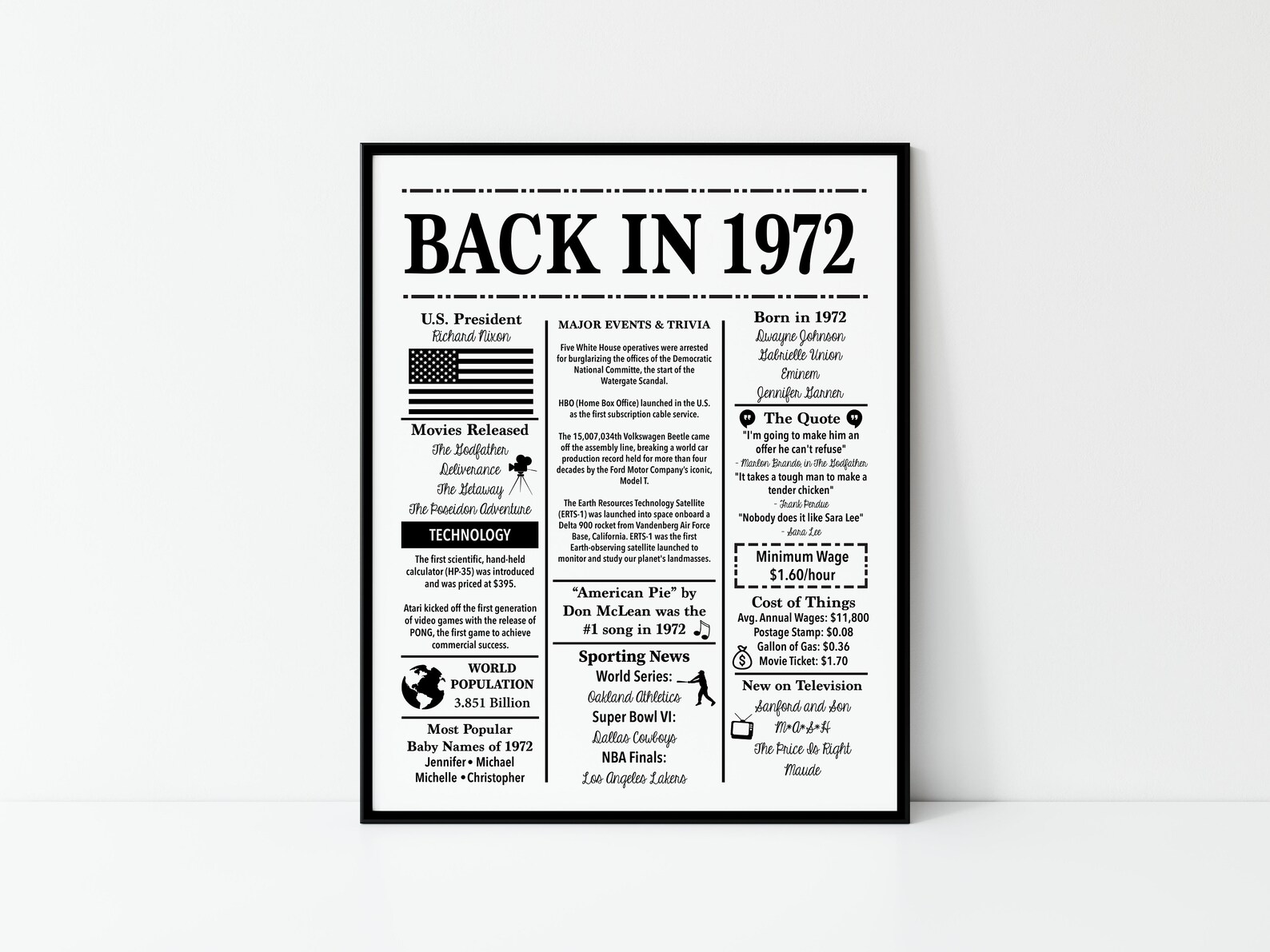 1972 Back in 1972 black and white Poster Birthday 1972 Facts Etsy
