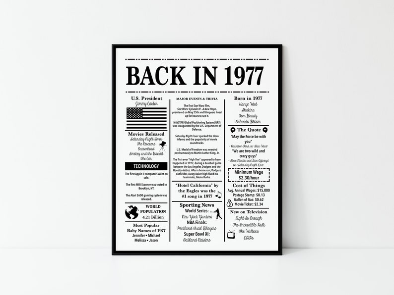 1977 Back in 1977 black and white Poster Birthday 1977 Facts | Etsy