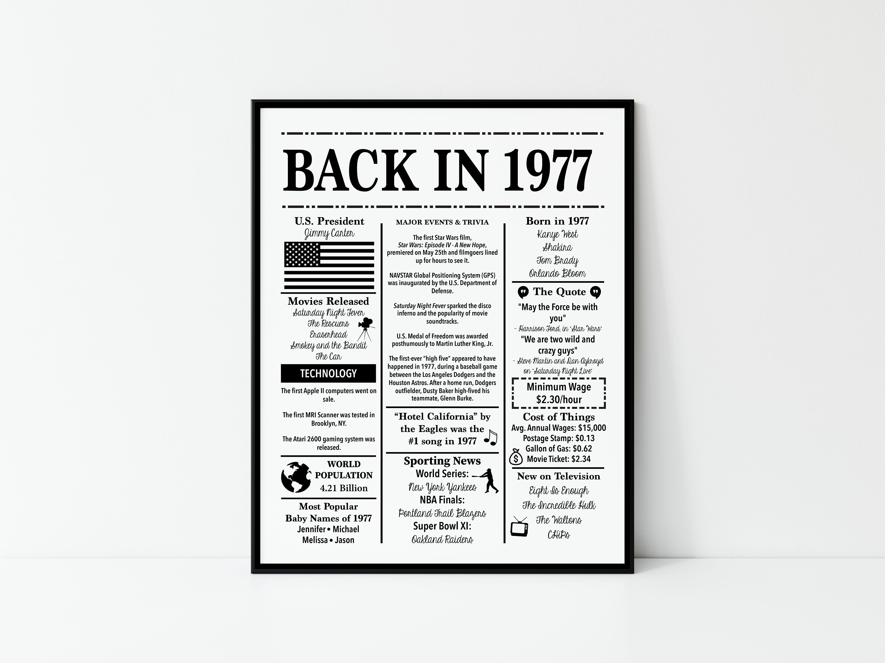1977 Back in 1977 Black and White Poster Birthday 1977 Facts - Etsy