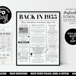 EDITABLE 1955 Birthday Back in 1955 Birthday Poster Fun Facts 1955 ...