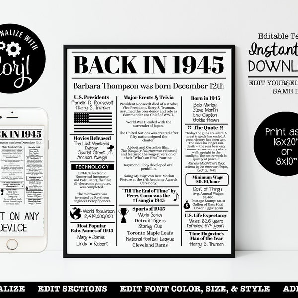 EDITABLE 1945 | Back in 1945 | Birthday Poster | Fun Facts 1945 | Anniversary Trivia | 16x20", 8x10" INSTANT DOWNLOAD | Corjl