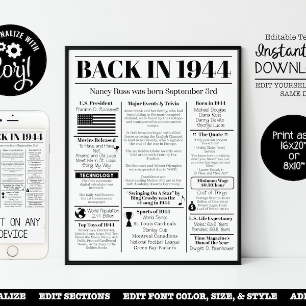 EDITABLE 1944 80th Birthday | Back in 1944 | Birthday Poster | Fun Facts 1944 | Anniversary Trivia | 16x20", 8x10" INSTANT DOWNLOAD | Corjl