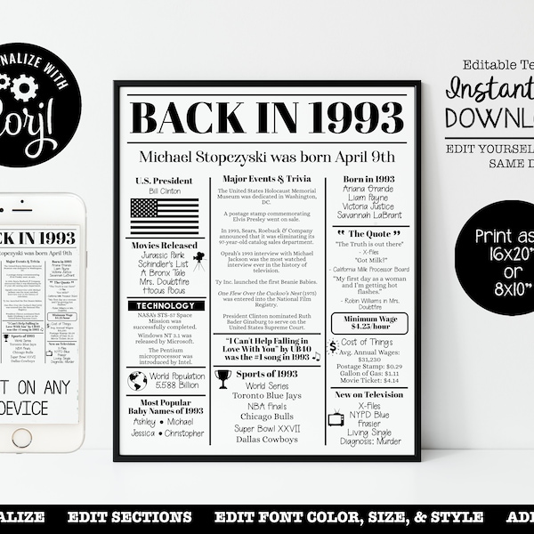 EDITABLE 1993 | Back in 1993 | Birthday Poster | Fun Facts 1993 | Anniversary Trivia | Born in 1993 16x20", 8x10" INSTANT DOWNLOAD | Corjl