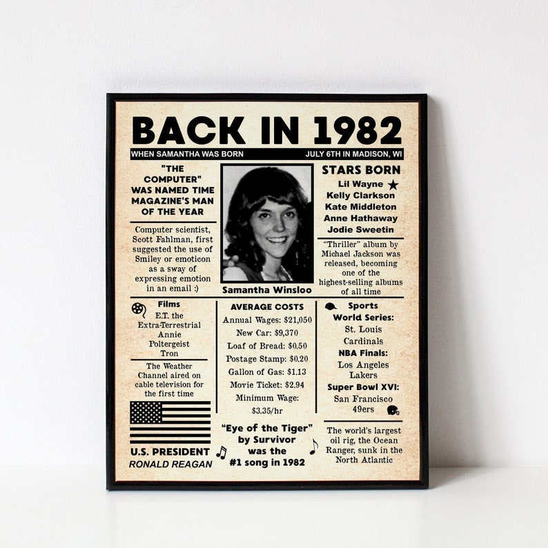 Personalized Back in 1982 NEWSPAPER Poster 1982 Facts 40th Birthday Trivia DIGITAL or PRINTED Personalized Gift image 1