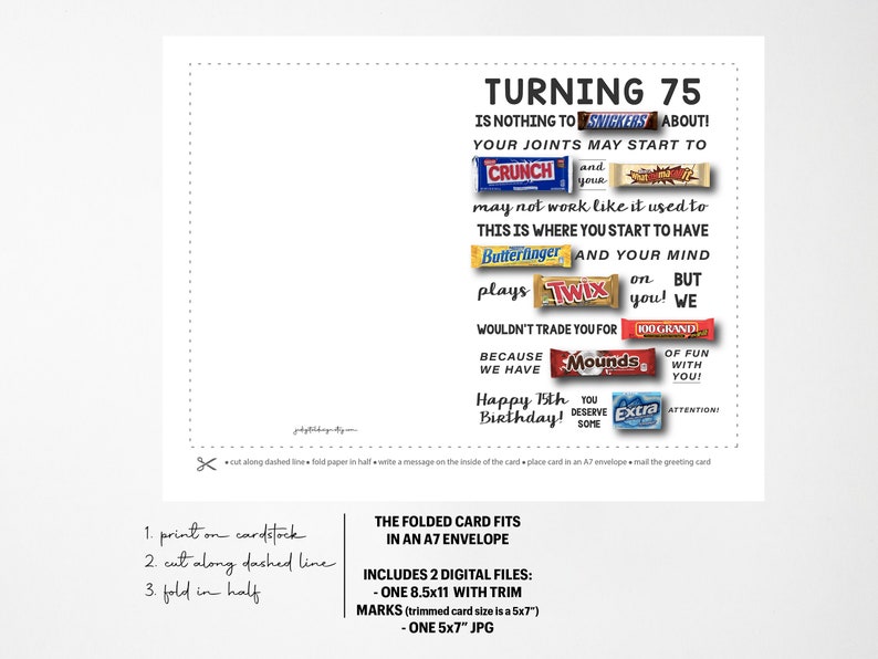 75th Birthday PRINTABLE Candy Gram Card Birthday Candy - Etsy