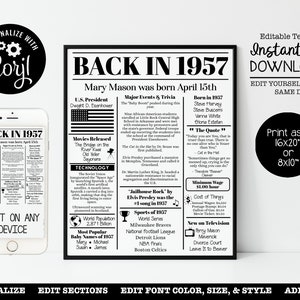 EDITABLE 1957 Back in 1957 Birthday Poster Fun Facts - Etsy