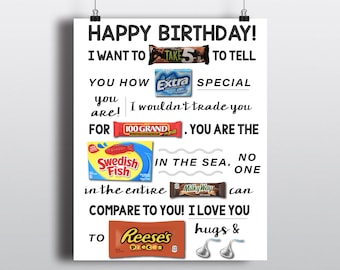 Happy Birthday PRINTABLE Candy Poster | Birthday Candy Sign | Birthday Ideas | Candy Gram | Funny Birthday Gift | DIY Digital