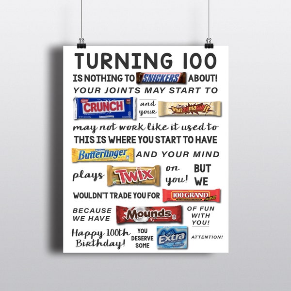 100th Birthday PRINTABLE Candy Poster | Birthday Candy Sign | 100th Birthday Ideas | Candygram | Funny Birthday Gift | DIY Digital