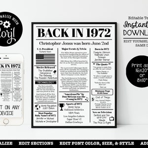 EDITABLE 1972 Back in 1972 Birthday Poster Fun Facts 1972 Anniversary ...