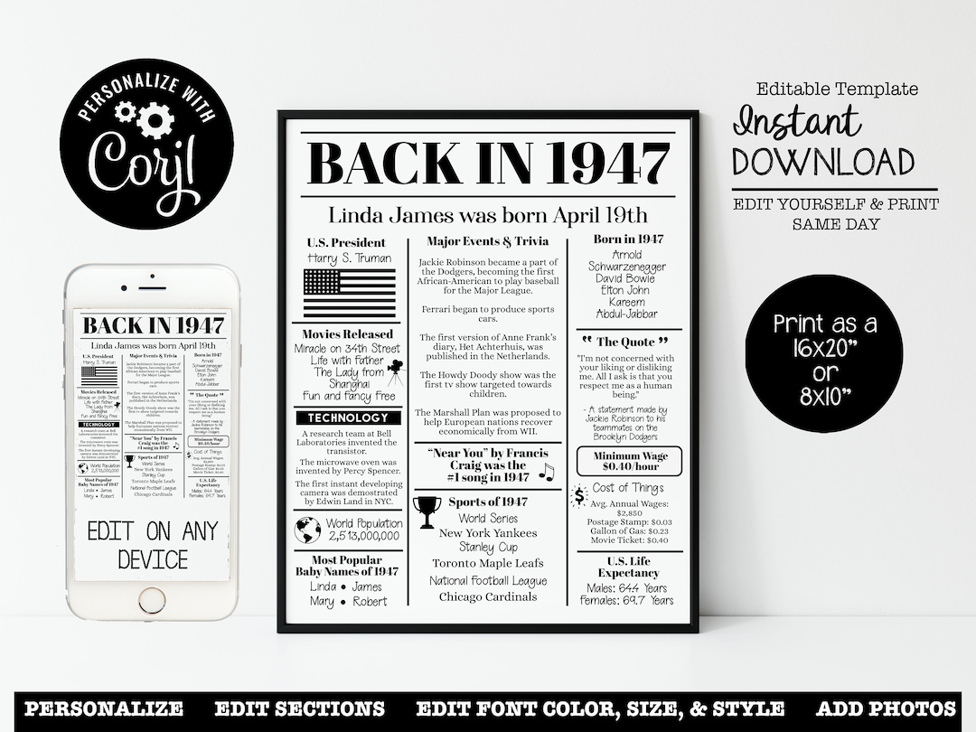 EDITABLE 1947 Back in 1947 Birthday Poster Fun Facts 1947 Anniversary ...