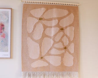 XXXL Woven wall hanging with a flower pattern. One of a kind. Sand, warm ivory and olive color.