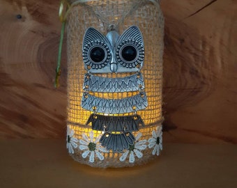Hessian owl candle jar lantern tea light holder