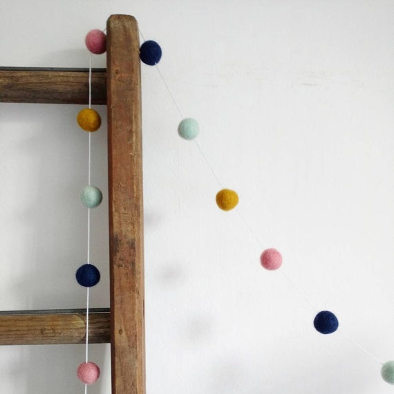 Navy Blue Pink Mustard And Mint Feltball Garland Home Nursery Decoration Girls Bedroom Decoration Living Room Gift Pompom Bunting