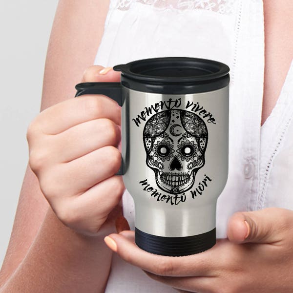 Sugar Skull Mug Halloween Gift Travel Mug Day of the Dead Dia de los Muertos Sugar Skull Gift Vivere Mori for Her or for Him Friend Birthday