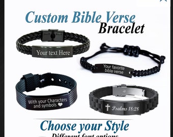 Personalized Bible Verse Bracelet Custom Engraved Scripture Black Bracelet Gift for Him or Her Men Women Christian