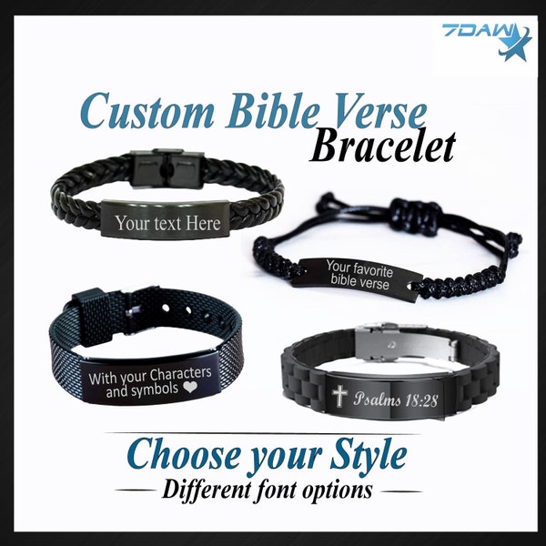 Personalized Bible Verse Bracelet Custom Engraved Scripture Black Bracelet Gift for Him or Her Men Women Christian