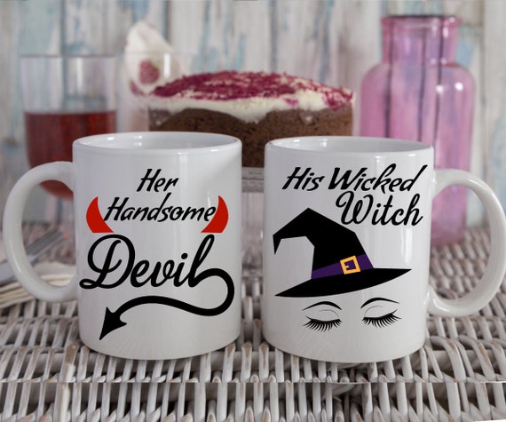 His Hers Mugs Halloween Gifts Matching Cups Couples Funny Gifts Ideas  Wicked Witch Handsome Devil Husband Wife Boyfriend Girlfriend Birthday 