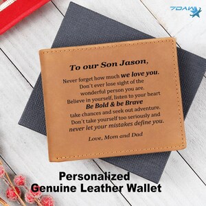 Para nuestro hijo regalos de mamá y papá billetera de cuero marrón genuina personalizada sé audaz sé valiente te amamos