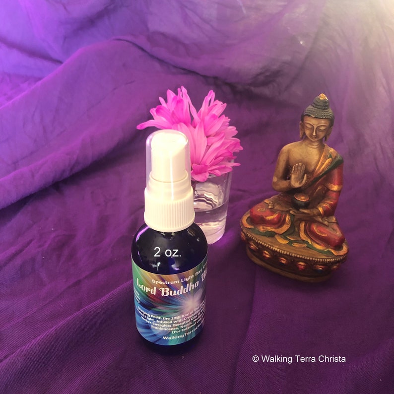 2 ounce essential oil infused spray bottle (external use). Blue bottle with manual aerosol pump. High quality essential oils of: Buddha Wood, Neroli, Cedarwood, Hyssop, Frankincense, Melissa, and Sandalwood. Highest available spiritual energies.