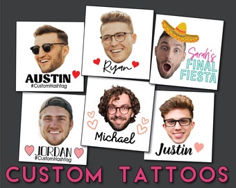 Puede incluir: Conjunto de seis tatuajes temporales personalizados con retratos de personas con diferentes peinados y expresiones. Los tatuajes incluyen los nombres "Austin", "Ryan", "Michael", "Justin", "Jordan" y "Sarah's Final Fiesta".
