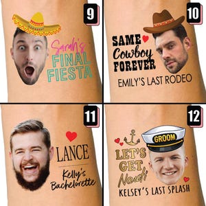 Może przedstawiać: Cztery tymczasowe wzory tatuaży z twarzami i tekstem. Jeden m&oacute;wi "Sarah's Final Fiesta" z sombrero. Inny m&oacute;wi "Same Cowboy Forever, Emily's Last Rodeo" z kapeluszem kowbojskim. Trzeci m&oacute;wi "Lance, Kelly's Bachelorette". Ostatni m&oacute;wi "Let's Get Nauti, Kelsey's Last Splash".