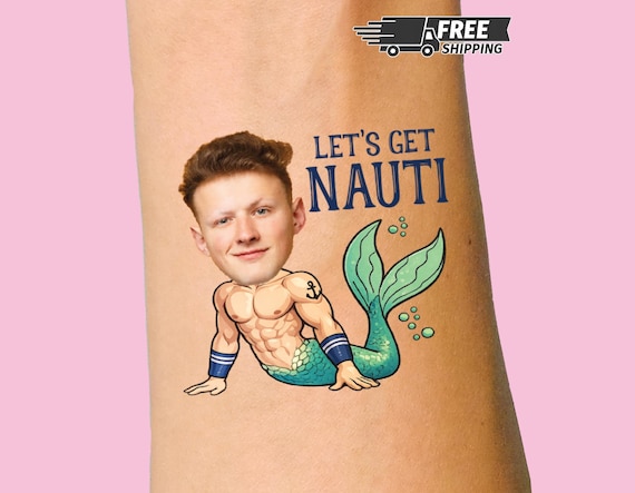 Custom Groom Face Temporary Tattoo, Let’s Get Nauti Bachelorette Party Favor, Funny Merman Bride Tribe Tattoo, Nautical Bach Party Favor