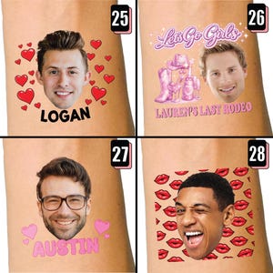 Może przedstawiać: Kolekcja tymczasowych tatuaży z twarzami i tekstem. Jeden wz&oacute;r zawiera twarz z imieniem "Logan" i czerwonymi sercami. Inny m&oacute;wi "Let's Go Girls" z "Lauren's Last Rodeo". Inne wzory obejmują "Austin" i czerwone usta.