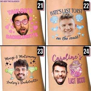 May include: Four temporary tattoos featuring custom face portraits with themed graphics. Design 21 shows Taylor's Bachelorette with pink hearts and glasses. Design 22 shows Kate's Last Toast on the coast with shells. Design 23 shows Margs & Matrimony. Design 24 shows Caroline's Last Disco.