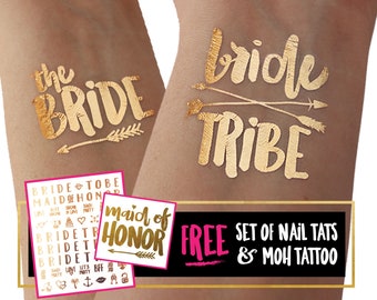 Bachelorette party tattoos | bachelorette tattoos, bride tribe tattoos, bachelorette tattoo, bridesmaid gifts, gold foil tattoos, hen do