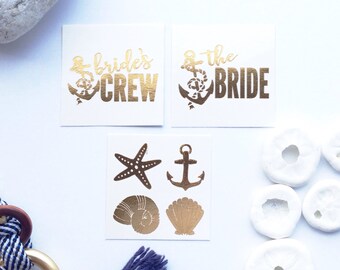 12 Tattoos Bride Crew The Bride / Paper and Party supplies / Tattoo stickers body art / The Bride / Sea shells Anchor Starfish Tattoos