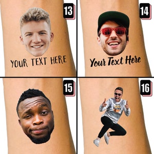 Może przedstawiać: Cztery tymczasowe wzory tatuaży przedstawiające twarze r&oacute;żnych os&oacute;b. Każdy wz&oacute;r zawiera czarny napis "YOUR TEXT HERE", z numerami 13, 14, 15 i 16 w prawym g&oacute;rnym rogu każdego obrazu.