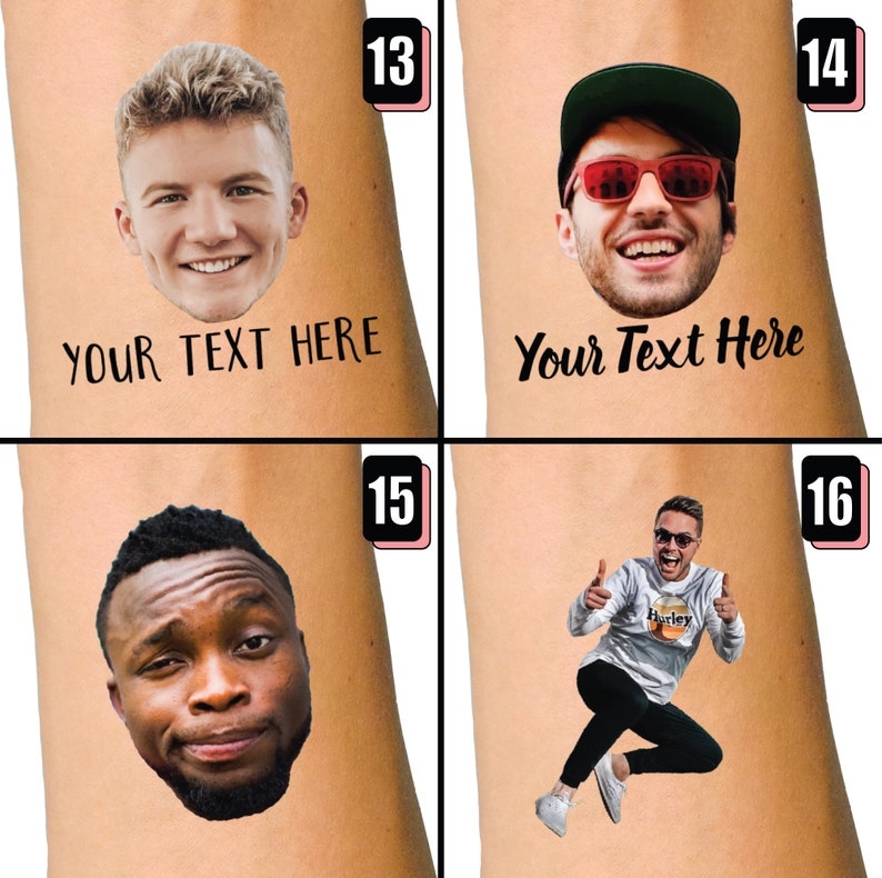 Może przedstawiać: Cztery tymczasowe wzory tatuaży przedstawiające twarze r&oacute;żnych os&oacute;b. Każdy wz&oacute;r zawiera czarny napis "YOUR TEXT HERE", z numerami 13, 14, 15 i 16 w prawym g&oacute;rnym rogu każdego obrazu.