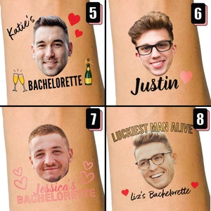 Może przedstawiać: Zestaw tymczasowych tatuaży z twarzami, imionami i uroczystym tekstem. Projekty obejmują "Katie's Bachelorette", "Justin", "Jessica's Bachelorette" i "Liz's Bachelorette", z grafiką serc i butelek szampana. Idealne na wieczory panieńskie.