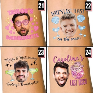 Może przedstawiać: Cztery tymczasowe tatuaże z twarzami i tekstem. Jeden m&oacute;wi "Taylor's Bachelorette" z sercami i gwiazdami. Inny m&oacute;wi "Kate's Last Toast on the coast!" z muszlami i koktajlami. Jeden m&oacute;wi "Margs & Matrimony Lindsey's Bachelorette" z koktajlami i gwiazdami. Ostatni m&oacute;wi "Caroline's Last Disco" z kulą dyskotekową i kapeluszem kowbojskim.
