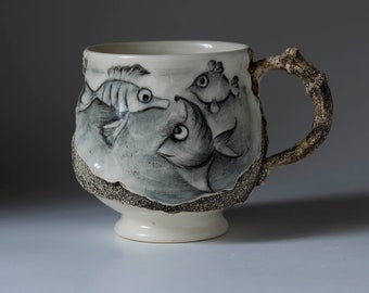 Large ceramic mug with hand-painted fishes  ONE OF A KIND
