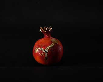 Ceramic pomegranate with a torn (ripe) skin pointed 22K gold ONE OF A KIND