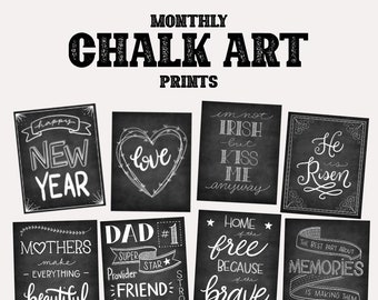 May include: Twelve black and white chalkboard signs with handwritten messages. The signs feature various quotes and sayings for each month of the year. The signs are perfect for adding a touch of whimsy to your home decor.