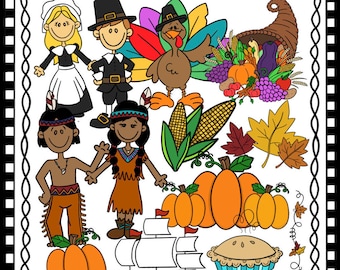 Thanksgiving Clipart: Pilgrim, Turkey, Cornucopia (PNG)