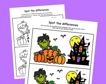May include: A printable Halloween-themed spot the differences activity sheet. Two images of a Frankenstein monster sitting on pumpkins and a haunted house are shown side-by-side. The images are identical except for 10 differences. The text "Spot the differences" is at the top of the sheet.