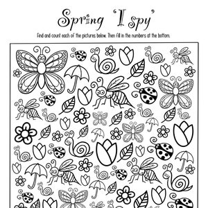 Può includere: Un gioco di « Ci vedo, ci vedo » a tema primaverile stampabile in bianco e nero con immagini di farfalle, coccinelle, api, fiori, tulipani, lumache, foglie e ombrelli. Il gioco chiede ai giocatori di trovare e contare ogni immagine e poi riempire i numeri in fondo.