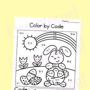 May include: A black and white coloring page featuring a bunny, a rainbow, a sun, and Easter eggs. The page includes a color by code key with numbers and colors. The text on the page reads "Color by Code" and "Name".