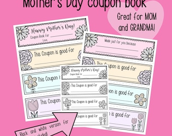 Printable Mother’s Day Coupons-Set of 6! Black/white and color! With front and back!