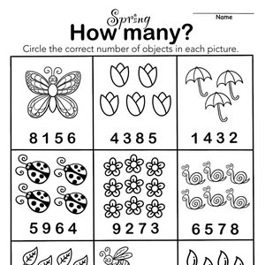 May include: A black and white worksheet with a spring theme. The worksheet has nine squares with different images in each square. The images include butterflies, tulips, umbrellas, ladybugs, flowers, snails, leaves, bees, and raindrops. Below each square is a set of four numbers, one of which is the correct number of objects in the image. The worksheet is titled "Spring How many?" and asks the user to circle the correct number of objects in each picture.