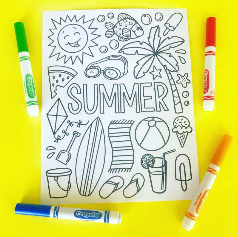 May include: A black and white coloring page with the word "SUMMER" in large letters. The page features various summer-themed illustrations, including a sun, a palm tree, a watermelon, a surfboard, a beach towel, a beach ball, a bucket and shovel, a pair of flip-flops, a popsicle, a glass of lemonade, and an ice cream cone.